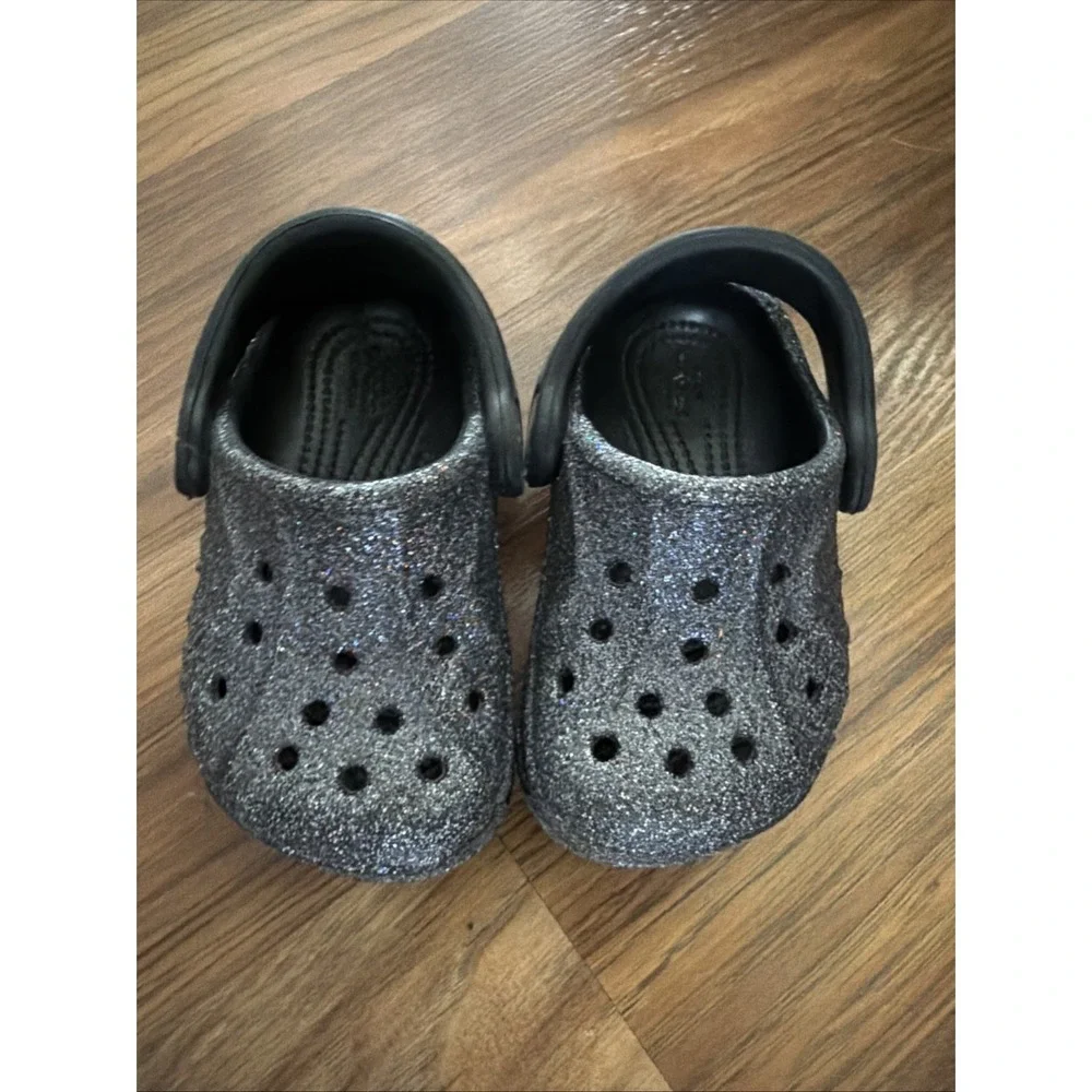 Crocs Baby Girls 4C Glitter Black Sparkles Slip On Clogs EUC
